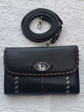 Brighton Black Leather Crossbody Wallet with Silver Accent